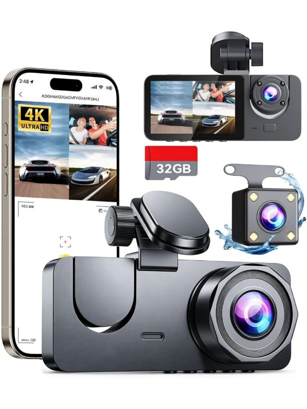 4K Full HD Dash Cam with Front & Rear View, 3 Channel Car Camera for Safety